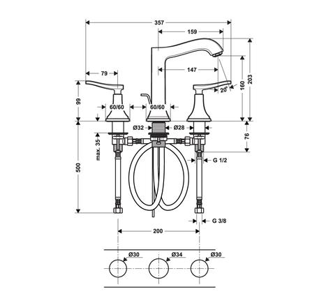 Vòi chậu rửa 3 lỗ Metropol Classic 160 589.54.605